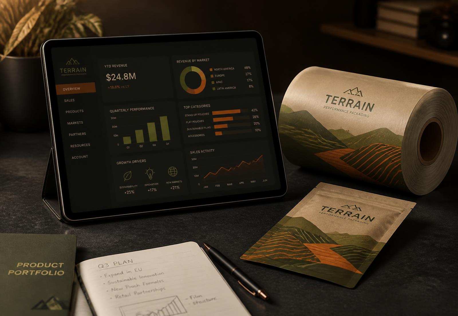 Flex Pilot dashboard on a tablet beside flexible packaging samples